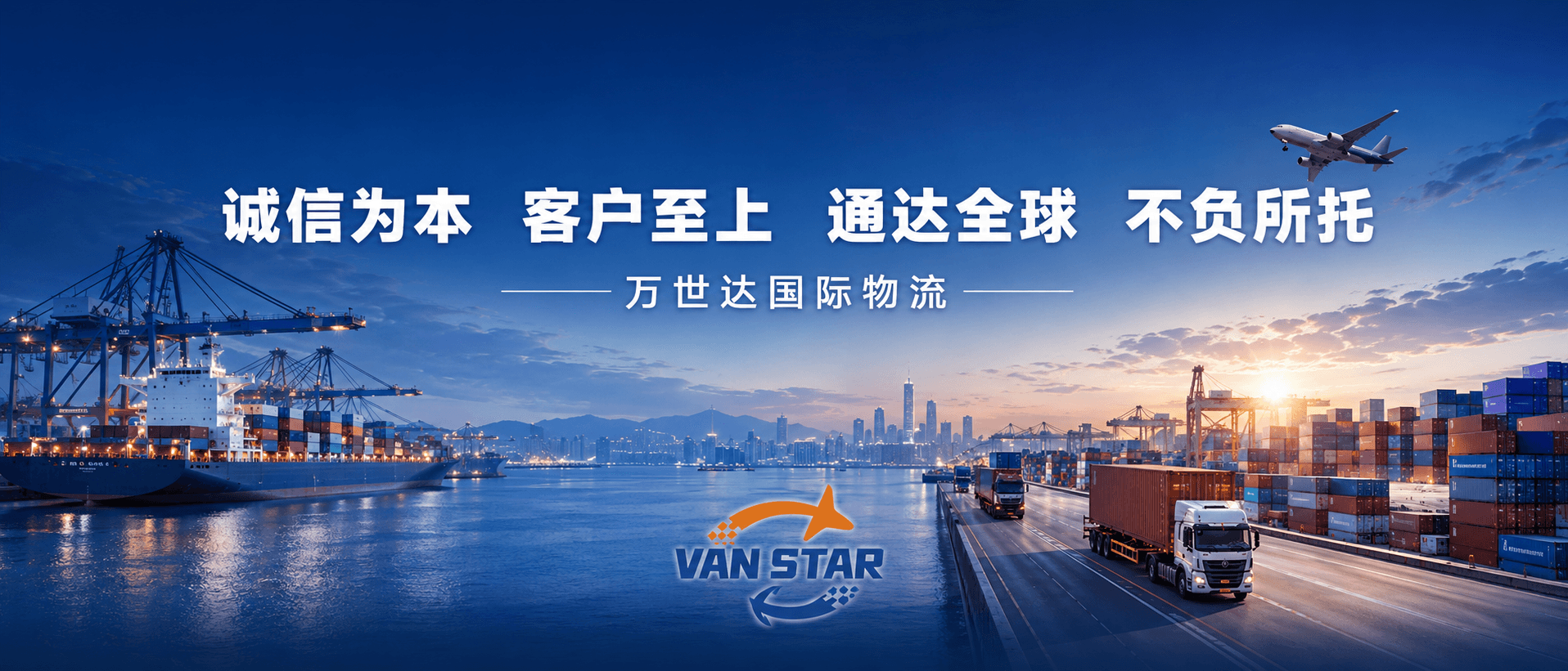 万世达国际物流首页 Banner：诚信为本，客户至上，通达全球，不负所托